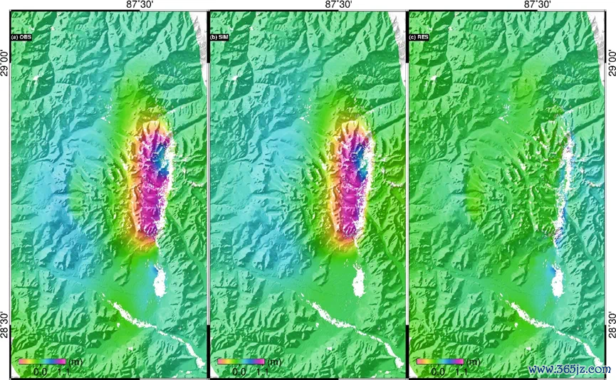 地震观测数据、地震模拟数据、反演结果残差。
